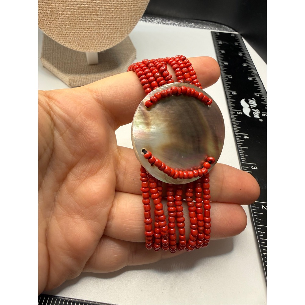 Red Seed Bead Multi Strand Bracelet Mother of Pearl Shell Iridescent Statement